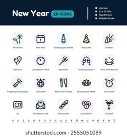New Year Line Icon Set – Pixel Perfect Editable Stroke Vector Design