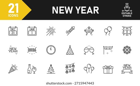 Conjunto de ícones de linha de ano novo. Conjunto de 21 ícones de esboço relacionados ao ano novo, celebração, fogo de artifício, trompetes, festa, 1º de janeiro e outros. Traçado editável. Ilustração vetorial.