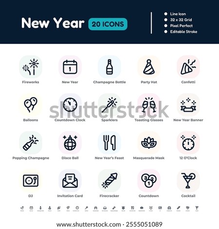 New Year Line Icon Set – Pixel Perfect Editable Stroke Vector Design