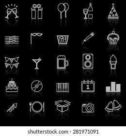 New Year line icons with reflect on black, stock vector