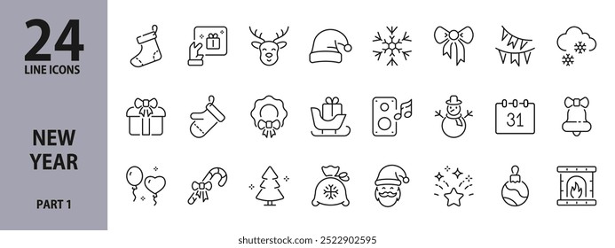 Iconos de la línea del año Nuevo fijados con Festiva, regalos, decoraciones, Santa Claus, corona, copo de nieve, calcetín, música y más. Trazo editable