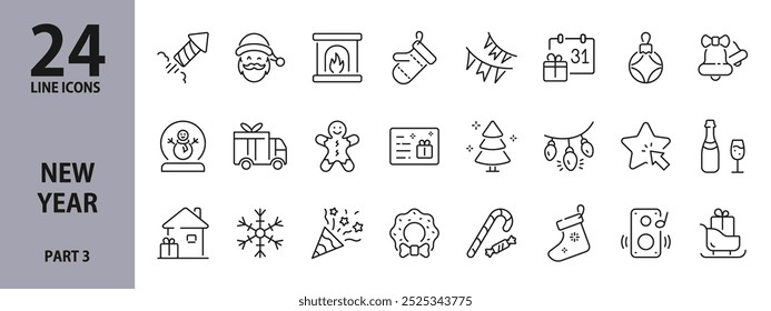 New Year line icons set with Holiday, Gifts, Snowman, Decorations, Wreath, Snowflake, Sock, Music and more. Editable Stroke