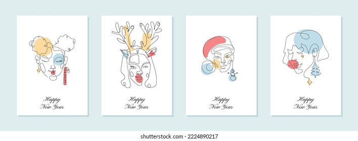 New year line poster. Modern abstract line minimalistic women faces arts set with different shapes for wall decoration, postcard or brochure cover design. Vector illustrations design