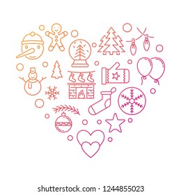 New Year linear icons in the shape of a heart. Vector Christmas outline colorful illustration on white background