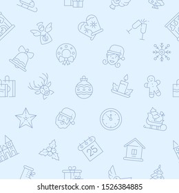 New year linear symbols vector seamless pattern. Xmas accessories lineart style texture. Christmas holiday themed signs decorative background. Festive wrapping paper design with thin line icons