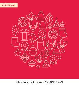 New Year lined icons set with Christmas elements in round shape on red background isolated vector illustration