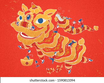 New year lion dance illustration in screen printing style on red background