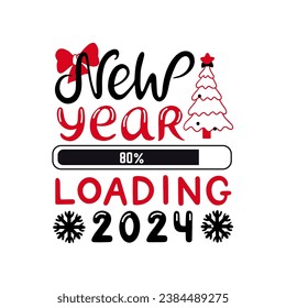 Neujahr Laden doodle Poster Vorlage. Lettisches druckbares Design, Fortschrittsbalken, Schneeflocken und Weihnachtsbaumhandgezeichnet, neoterisches Vektorbanner