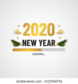  New Year loading. Fir branches and golden stars and ribbons. Holiday decoration. 