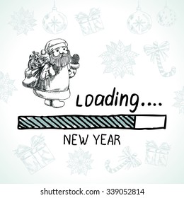New year is loading. Santa Claus. Holiday concept on a blue background with Christmas balls, poinsettia, gifts, candy. New year template vector illustration.