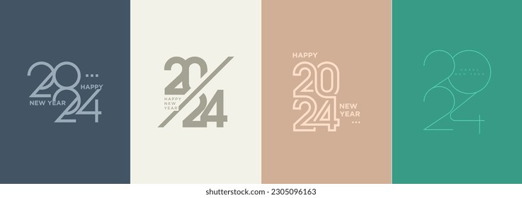 Número del logotipo de Año Nuevo 2024, con varias pantallas de diseño retro elegante clásicas. Diseño de la prima del vector para banners, carteles, calendario y saludos.