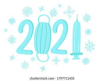 new year logo with coronavirus pandemic symbols. numbers 2021 with snowflakes around.