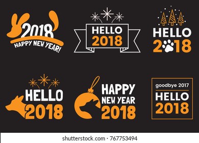 New year logo, signs, badges and labels design isolated on dark background. Hello 2018. Year of the yellow dog illustration. Dog silhouette. Applicable for greeting cards,invitations, party flyers.