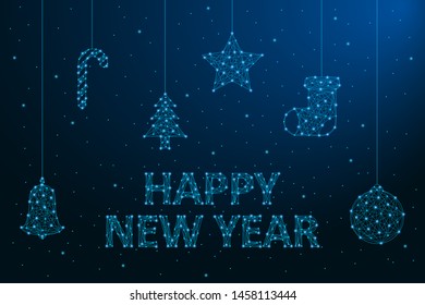 New Year low poly card. 2020 polygonal wireframe mesh illustration with Christmas decorations. Vector.
