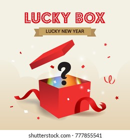 New Year Lucky Box vector illustration, Surprise red gift box