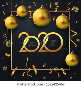 New Year luxury 2020 holiday banner with gold christmas balls, stars and snowflakes. Flyers, greetings, invitations, christmas themed congratulations. Vector illustration. Isolated on black background