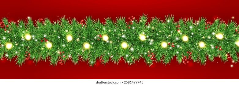 New Year luxury red background with realistic pine tree branches, gold glitter, star, berries. Christmas garland with green fir, glowing light. Festive banner with fairy bulb. Vector illustration.