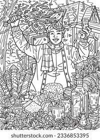 New Year Man and confetti Adults Coloring Page 