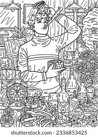 New Year Man and Party Horn Adults Coloring Page 