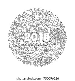 New year mandala with numbers 2018 on winter snowflake background. Zentangle inspired style. Zen monochrome graphic. Image for calendar, congratulation card, coloring book. Vector illustration