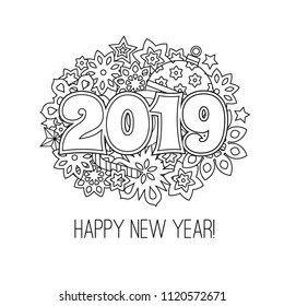 New year mandala with numbers 2019 on winter snowflake background. Zentangle inspired style. Zen monochrome graphic. Image for calendar, congratulation card, coloring book. Vector illustration