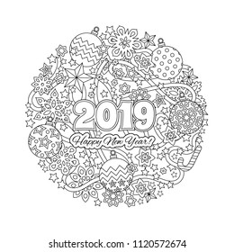 New year mandala with numbers 2019 on winter snowflake background. Zentangle inspired style. Zen monochrome graphic. Image for calendar, congratulation card, coloring book. Vector illustration