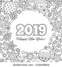 New year mandala with numbers 2019 on winter snowflake background. Zentangle inspired style. Zen monochrome graphic. Image for calendar, congratulation card, coloring book. Vector illustration