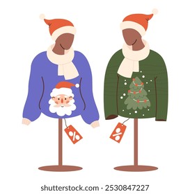 New Year Mannequins in Santa hat and Christmas ugly sweater with tree, portrait Claus with price tags. Holiday sale, shopping for gifts. Isolated festive dummy. Vector illustration in flat style