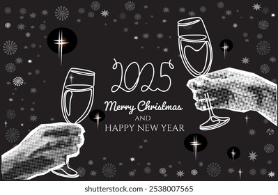 New Year and marry christmas greeting cards with hands and glasses with champagne collage designs. Trendy pop art template for winter holidays cards, banners, posters