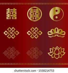 New Year material. Chinese style material, gold. Icon set.