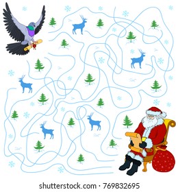 New Year maze with pigeon and deers. Help dove find way to bring Santa Claus wish list through the pine forest.
