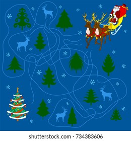 New year maze with winter forest. Help Santa Claus find way to Christmas tree.