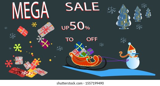 New year Mega discounts.  Many gifts. Snowman carries a lot of gifts in Santa's sleigh.