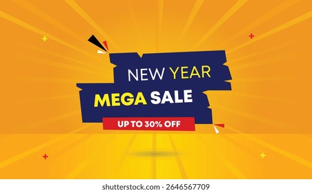 New Year Mega Sale up to 30% Off editable web banner vector art template design with dark blue red shapes orange yellow sun shine abstract background in 4K unique trendy marketing graphic