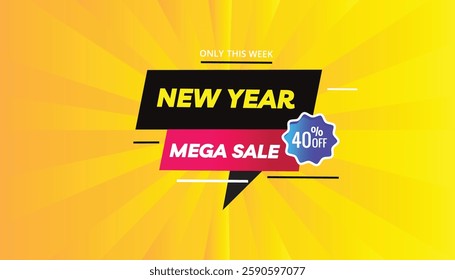 New Year Mega Sale 40% off Editable Banner Template Design EPS Format Gradient Pink and Black Shapes with Colorful Yellow Background Vector Art Illustration.