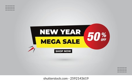 New year mega sale banner editable EPS format template design with black, red and yellow shapes with white background vector illustration.