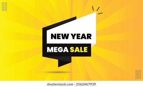 New Year Mega Sale editable sticker icon label in EPS format, featuring black and white shapes with yellow bold font on a vibrant yellow-orange abstract background. Perfect for promotions!