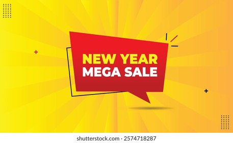 New Year Mega Sale EPS format editable banner template design with red gradient shapes, yellow-orange hot abstract background, and bold white yellow font for a vibrant, eye-catching promotion.