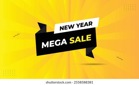 New Year Mega Sale icon vector label sticker EPS format template design with black and white shapes, yellow-orange gradient abstract background for eye-catching promotional use