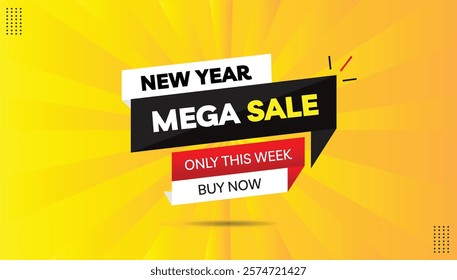 New Year Mega Sale! Limited time only Buy now with this editable sticker icon label in EPS format Featuring bold white font, yellow-orange gradient and a hot black-red abstract background