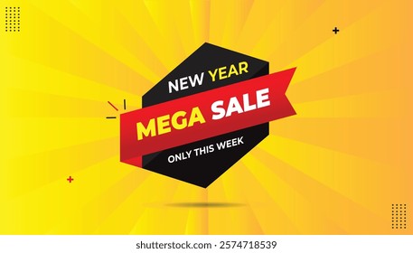 New Year Mega Sale – Only This Week! Editable EPS Banner Template with Black Red Shapes, Bold Yellow White Font, and Hot Yellow-Orange Abstract Background. Perfect for Your Promotion!