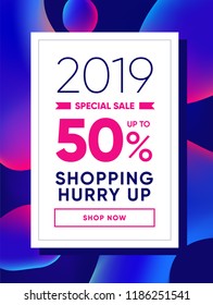 New Year Mega Sale Price 50% OFF. Promo Newsletter, Colorful Flyer Concept, Trendy Discount Banner or Special Offer Discount coupon to 50% Season Sale. Abstract Futuristic Background Design Template.