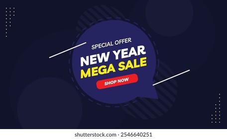 New Year Mega Sale Shop Now Special Offer banner template design with light yellow and dark blue gradient, white background, and bold red shapes, perfect for editable promotional ads