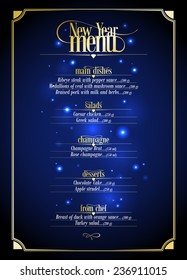 New Year menu list, dark blue with gold design with place for text. Eps10