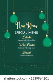 Menú de año Nuevo sobre fondo verde oscuro con bolas de año Nuevo. Ilustración vectorial de invierno, cartel suave del año Nuevo, Anuncio
