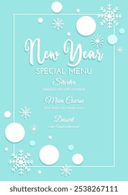 Menú del año Nuevo sobre fondo azul claro con copos de nieve blancos y estrellas del año Nuevo. Ilustración vectorial de invierno, cartel suave del año Nuevo, Anuncio