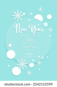 New Year menu on light blue background with white snowflakes and New Year's stars. Winter vector illustration, New Year gentle poster, banner