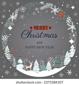 New year, Merry Chrisrmas template. Christmas card, frame with snowflakes, trees. Winter concept in scandi style. 