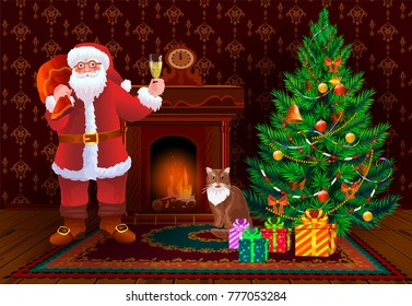 New Year and Merry Christmas background with Santa Claus. Decorated christmas tree and gift box. The clock shows midnight.
