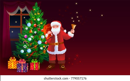 New Year and Merry Christmas background with Santa Claus and christmas tree. Santa ringing a bell.